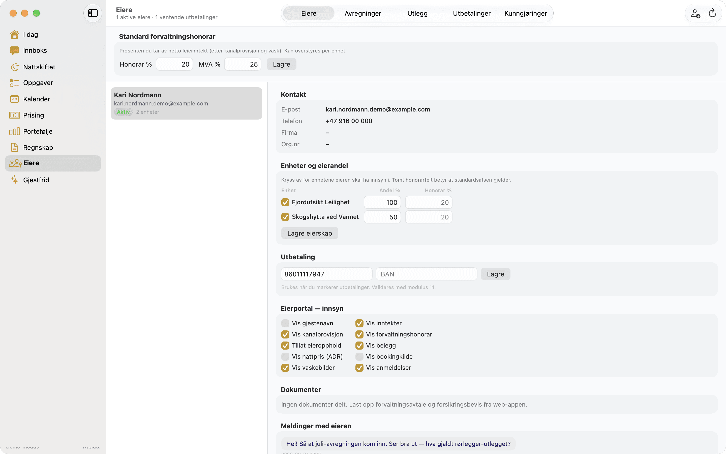 Eier-visningen i Gjestfri for Mac for forvaltere: honorar, eierandeler, utbetaling og eierportal